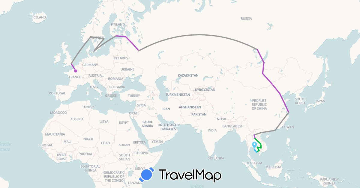 TravelMap itinerary: driving, bus, plane, train, boat in China, Denmark, Finland, France, United Kingdom, Hong Kong, Cambodia, Laos, Mongolia, Norway, Russia, Sweden, Thailand, Vietnam (Asia, Europe)